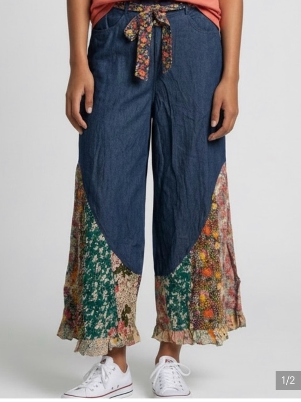 Boho Patchwork Wide-Leg Jeans - Navy with Floral Accents